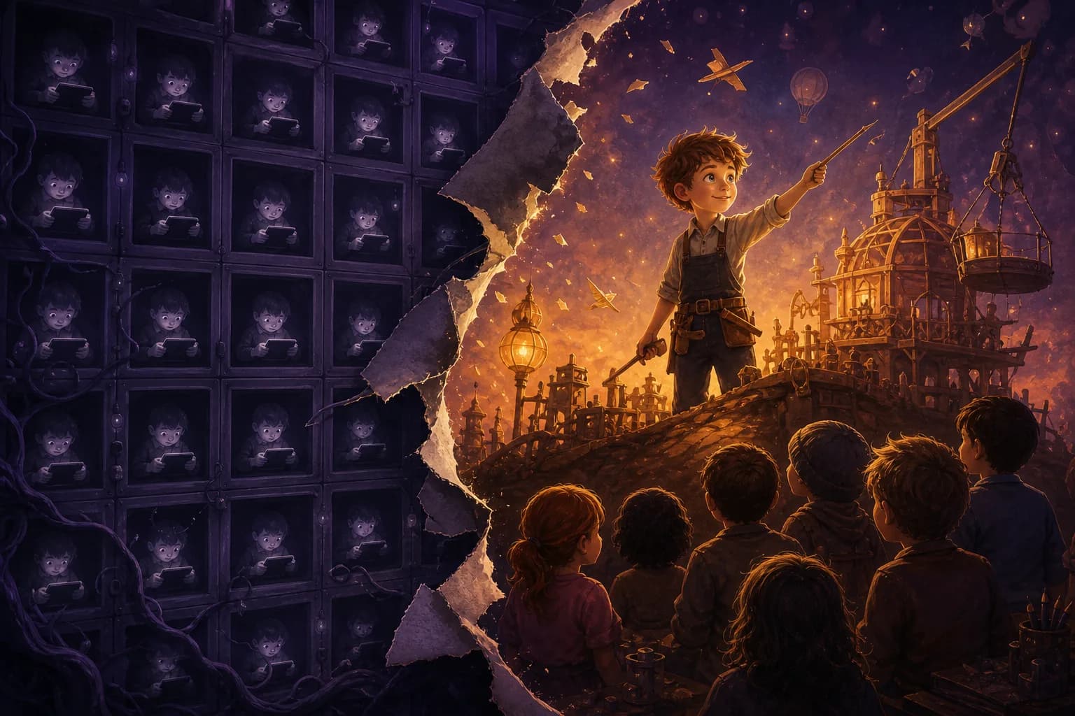 A flat grid of generic apps tearing open into a warm world where a kid directs a real build