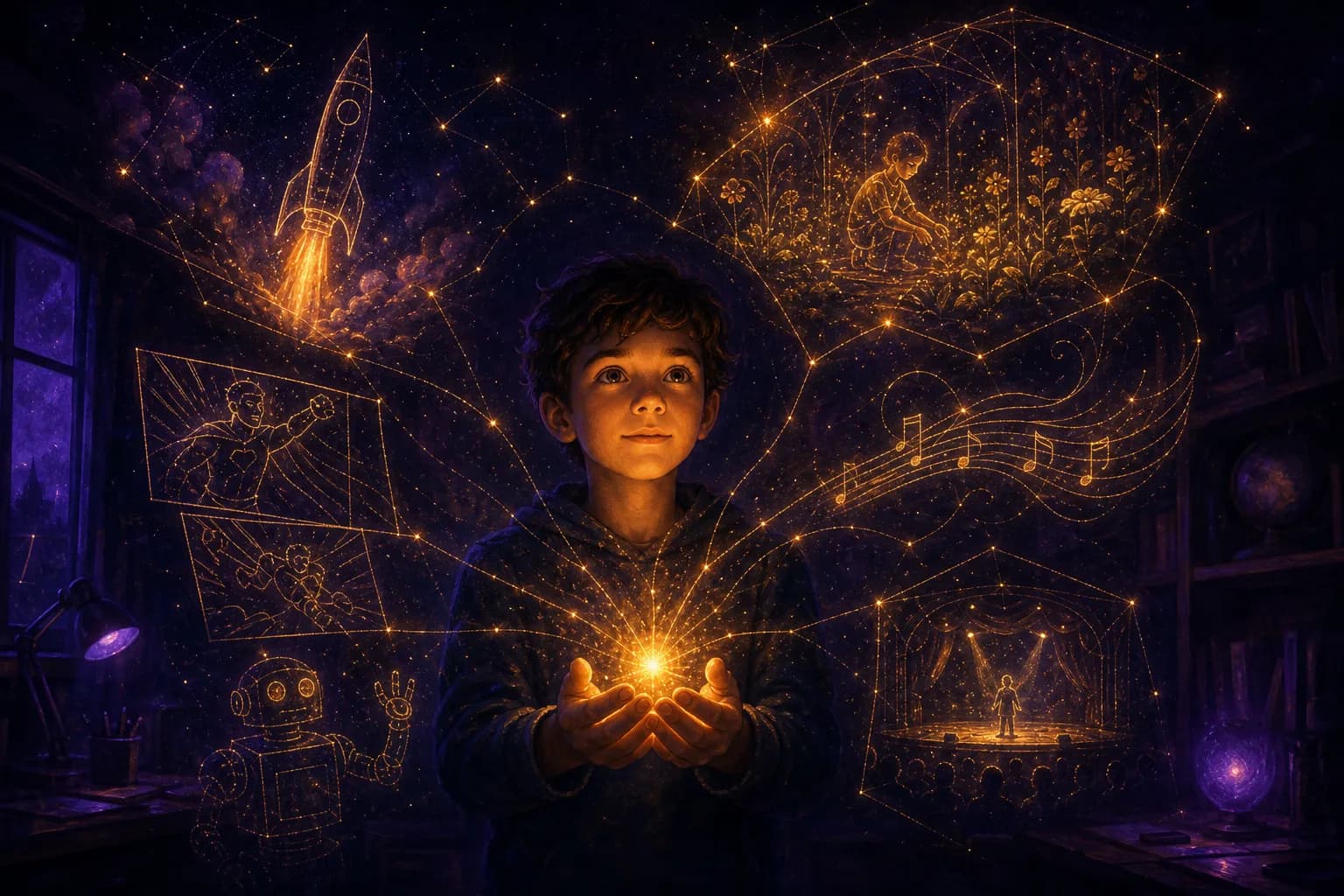 A boy holding a glowing spark, his dreams drawn as constellations above him